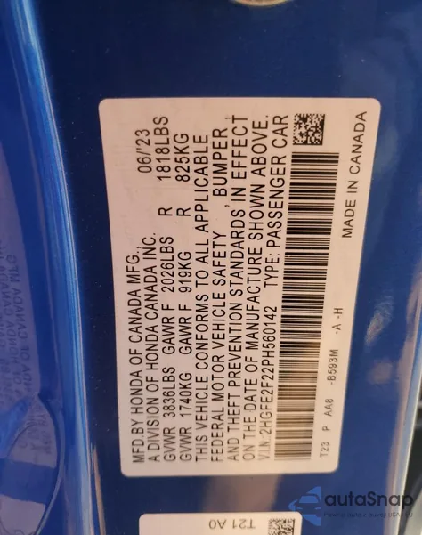 2023 Honda Civic Lx из США, поврежденный, VIN 2HGFE2F22PH560142